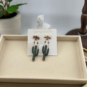 Persimmon Cactus Dangle Earrings – Brass & Cubic Zirconia